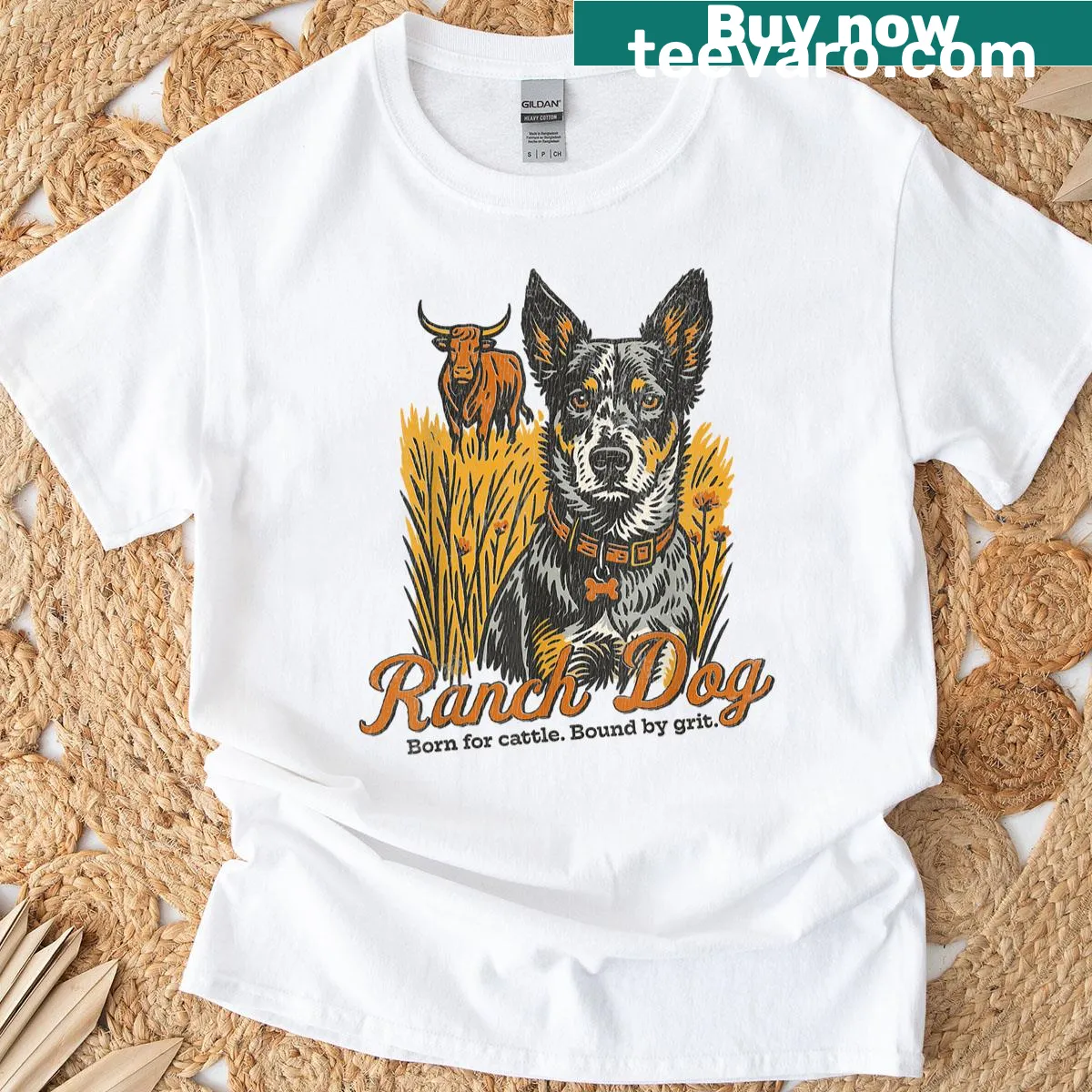 Vintage ranch-themed shirt with a herding dog and cattle graphic. — on a men's t-shirt