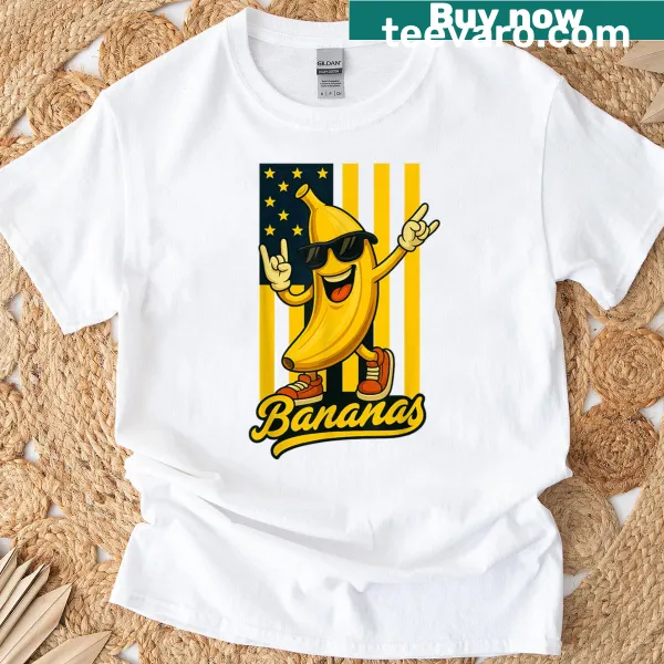Funny banana graphic t-shirt with a playful flag design