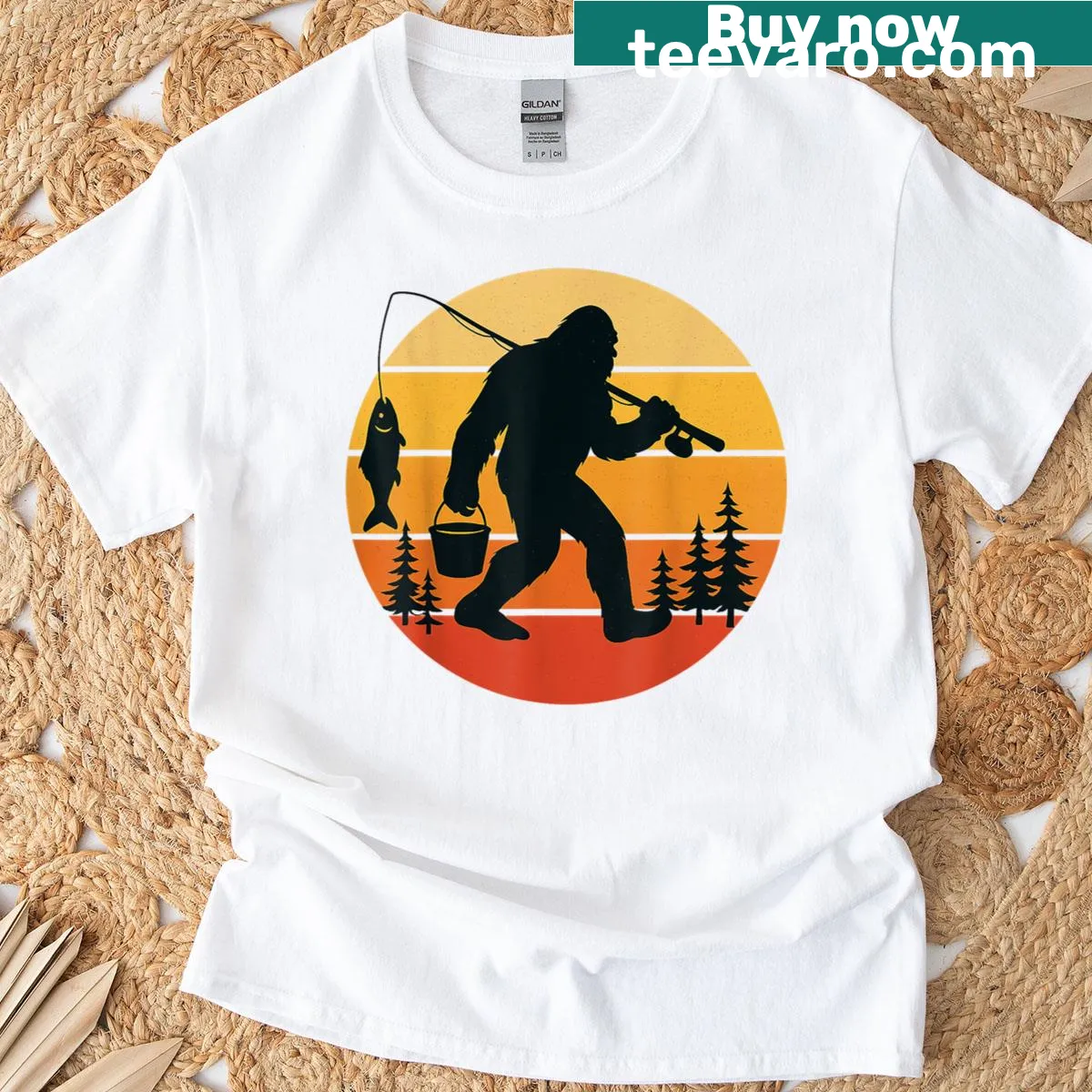 Bigfoot fishing graphic on a retro t-shirt — on a men's t-shirt
