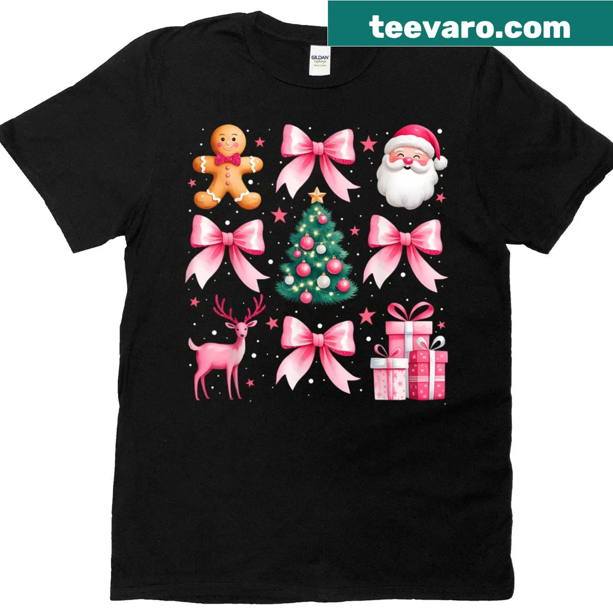 Retro pink Christmas tree t-shirt with bow design — on a men's t-shirt