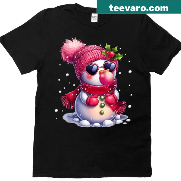 Cute pink bubblegum snowman t-shirt for women with a beanie design