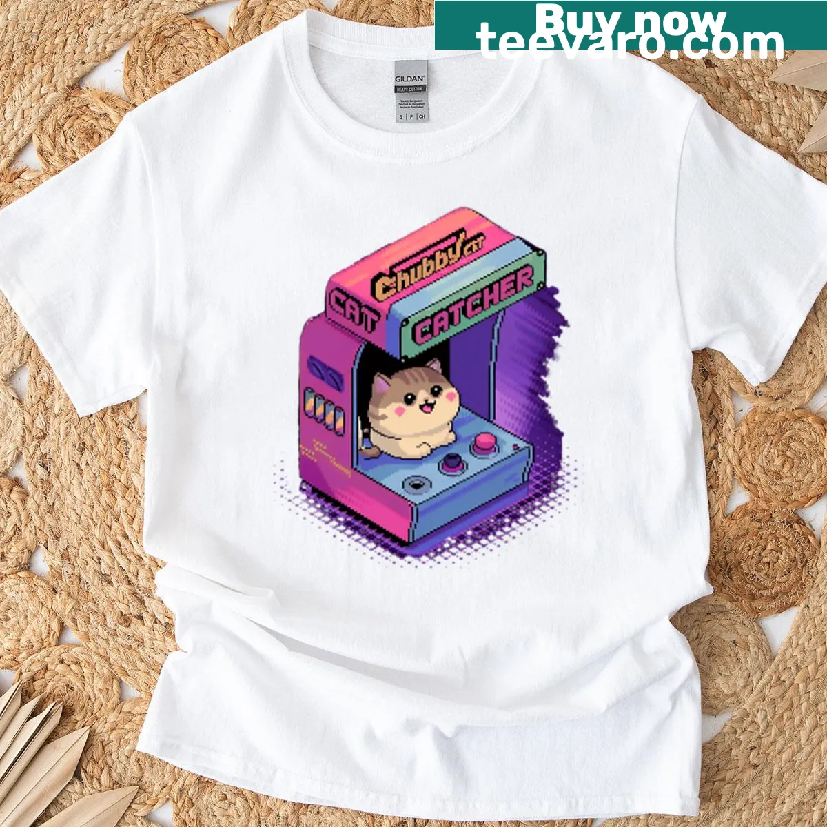 Retro 8-bit style pixel cat gaming t-shirt — on a men's t-shirt