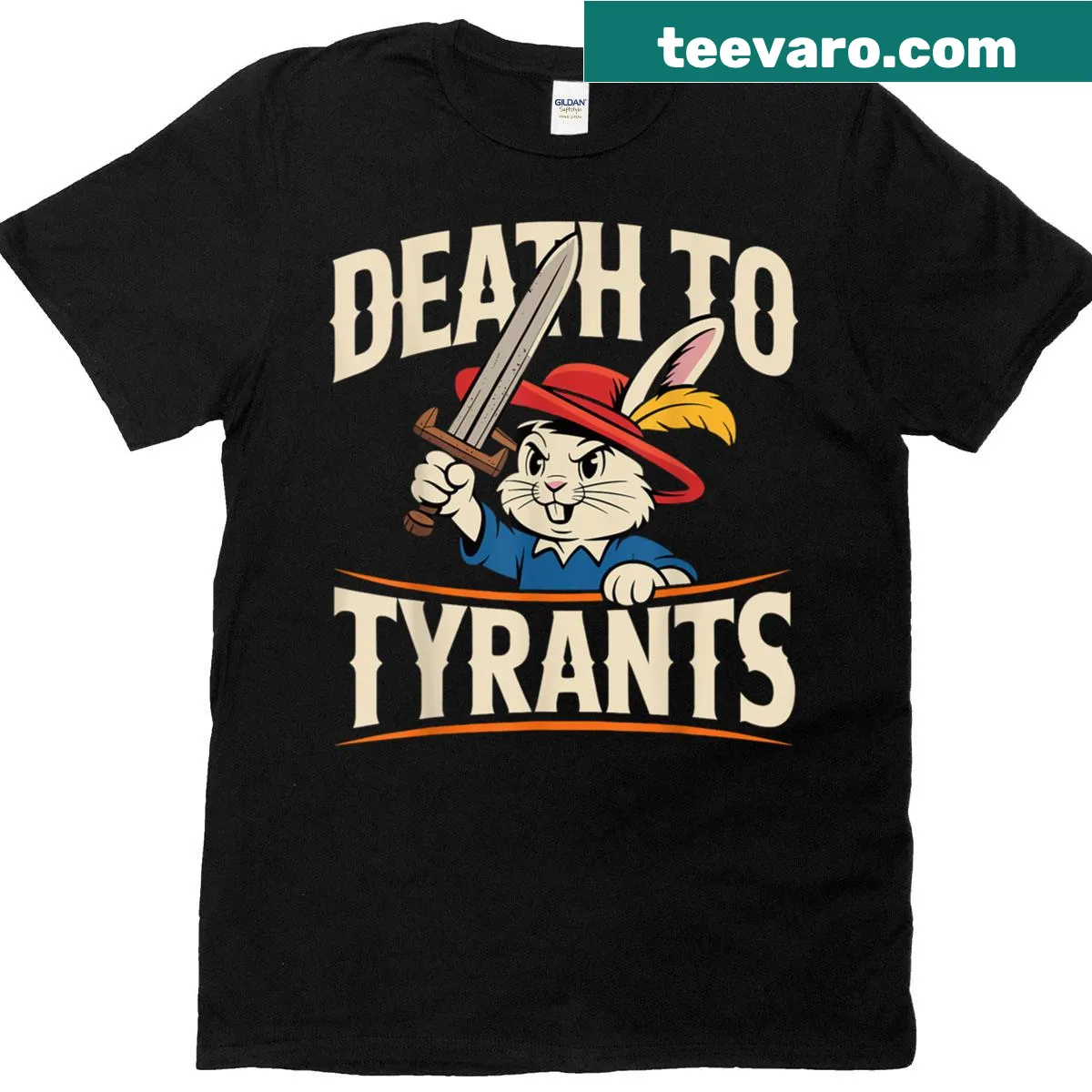 Funny rabbit meme t-shirt with 'Death To Tyrants' text. — on a men's t-shirt