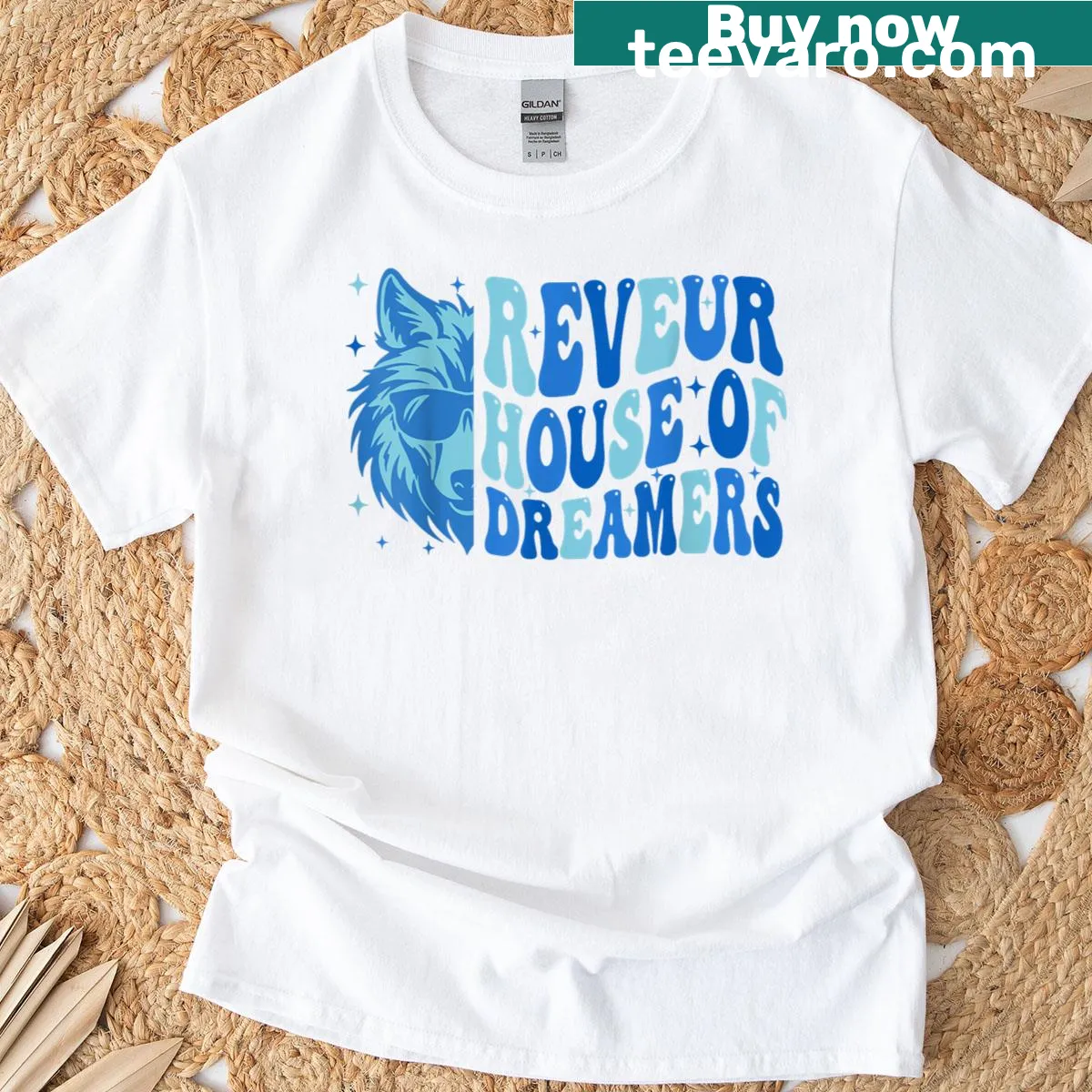Illustration of a blue wolf for Reveur House of Dreamers t-shirt — on a men's t-shirt