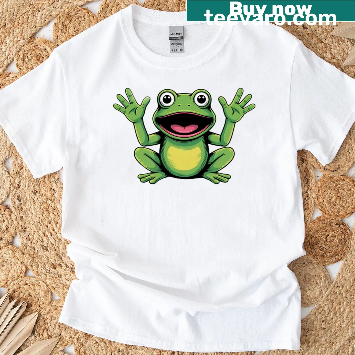 Hand-painted pop art of a screaming green frog on t-shirt — on a men's t-shirt