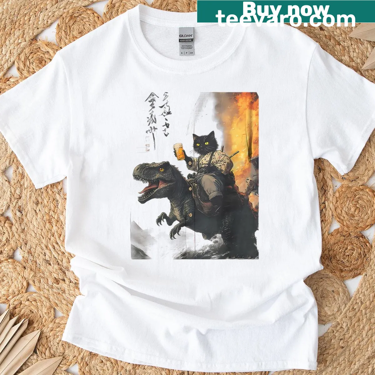 Vintage cat samurai riding dinosaur graphic t-shirt — on a men's t-shirt
