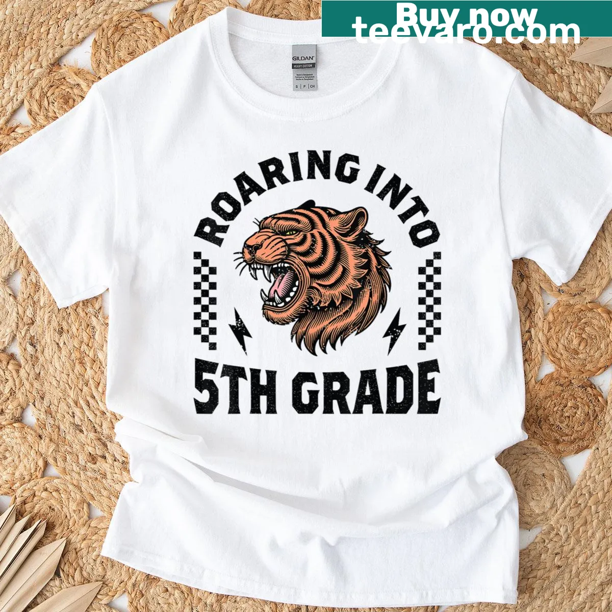 Cheerful tiger graphic t-shirt for kids heading into 5th grade — on a men's t-shirt