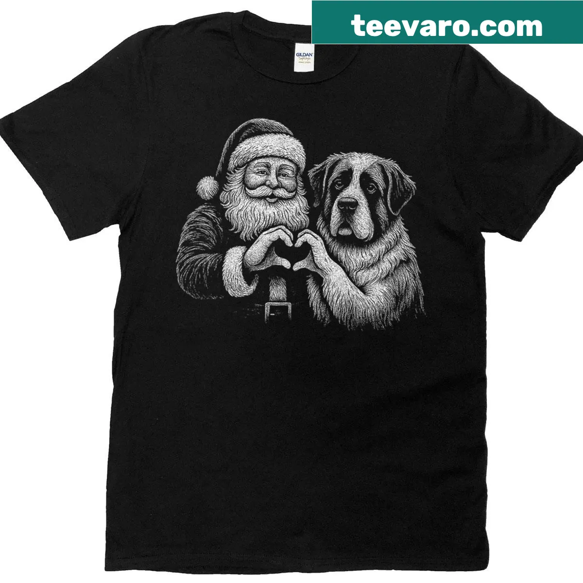 Heart-shaped graphic of a Saint Bernard dressed as Santa Claus for Christmas — on a men's t-shirt