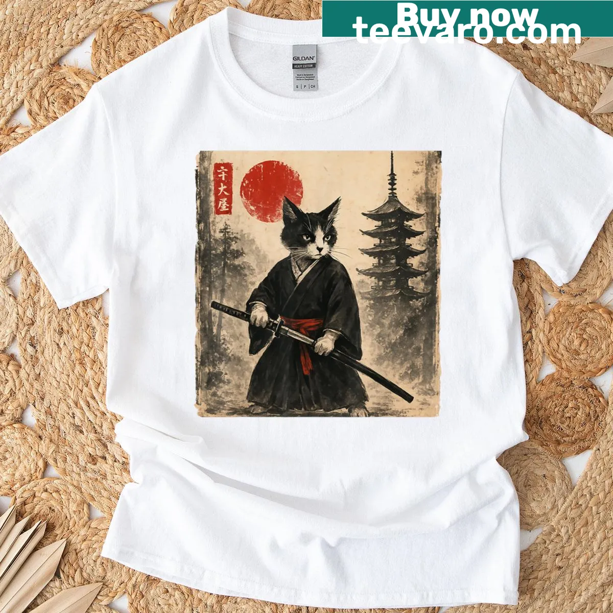 Samurai cat graphic t-shirt featuring a cat in traditional armor — on a men's t-shirt