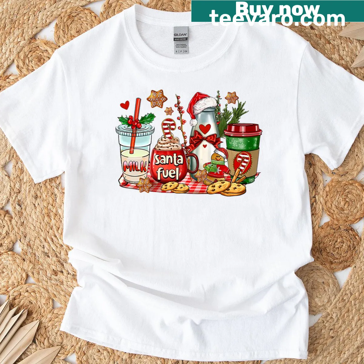 Christmas-themed coffee lover t-shirt with festive cup illustrations — on a men's t-shirt