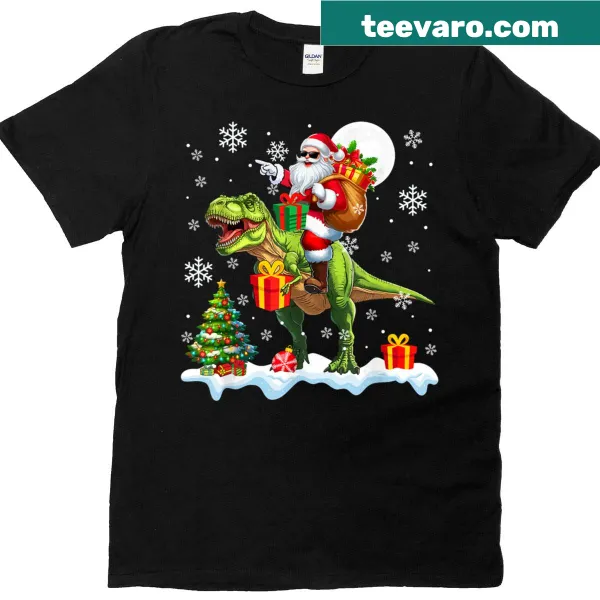 Kids T-shirt with Santa riding a T-rex by a Christmas tree