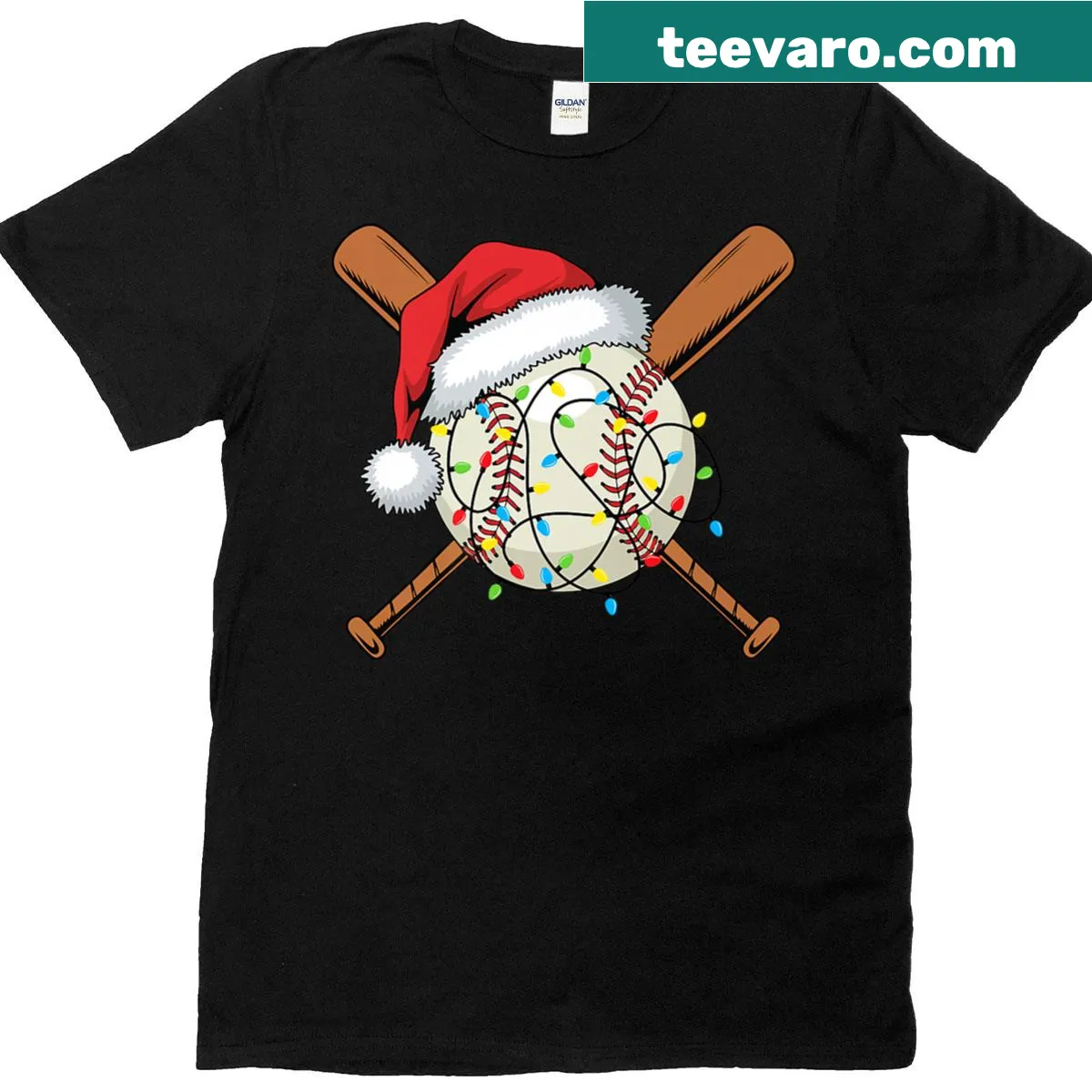Santa as a baseball player in a Christmas-themed t-shirt — on a men's t-shirt