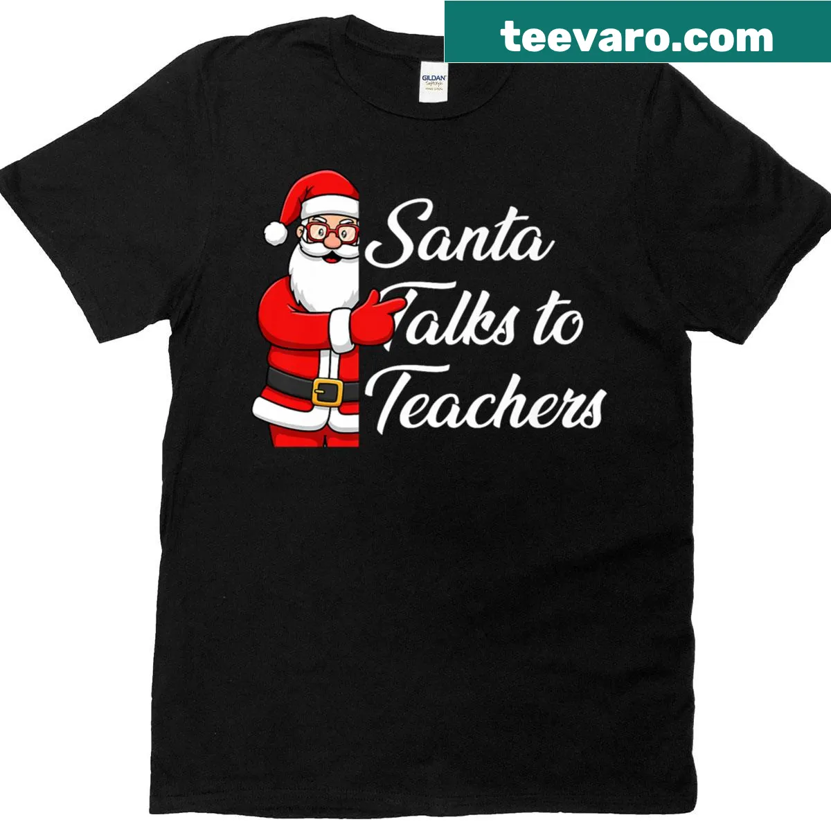 Festive 'Santa Talks To Teachers' graphic on Christmas tee — on a men's t-shirt