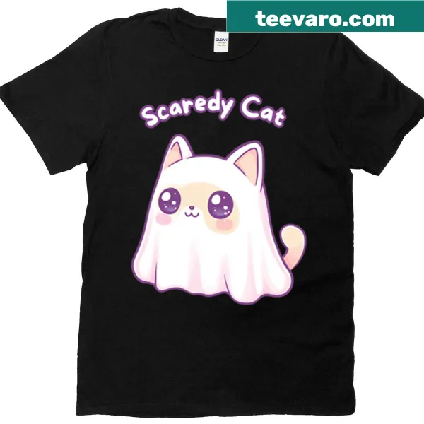Cute t-shirt featuring a scared cat in a ghost costume