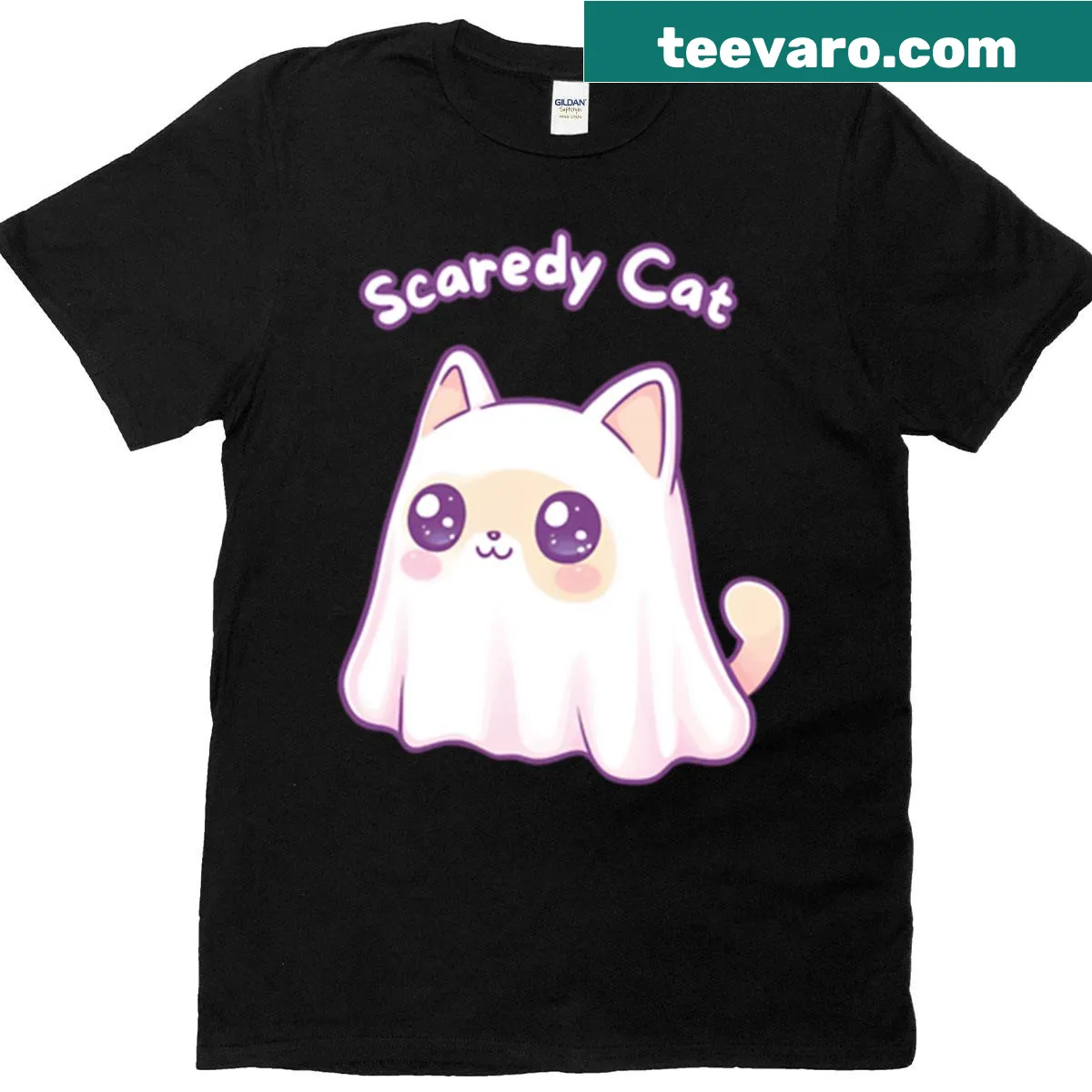 Cute t-shirt featuring a scared cat in a ghost costume — on a men's t-shirt