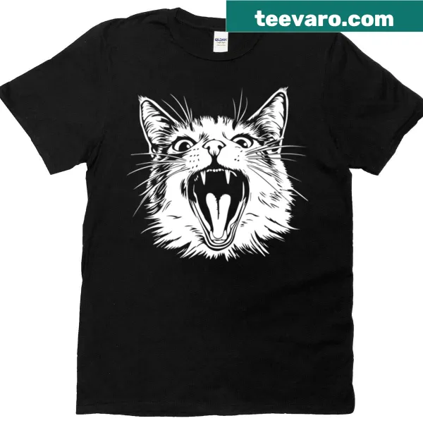 Funny T-shirt featuring a screaming cat graphic