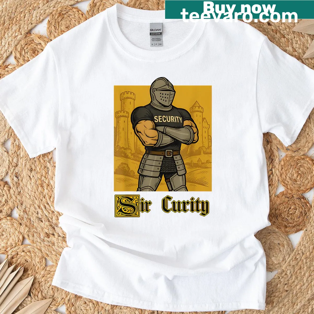 Funny security pun t-shirt with knight theme — on a men's t-shirt