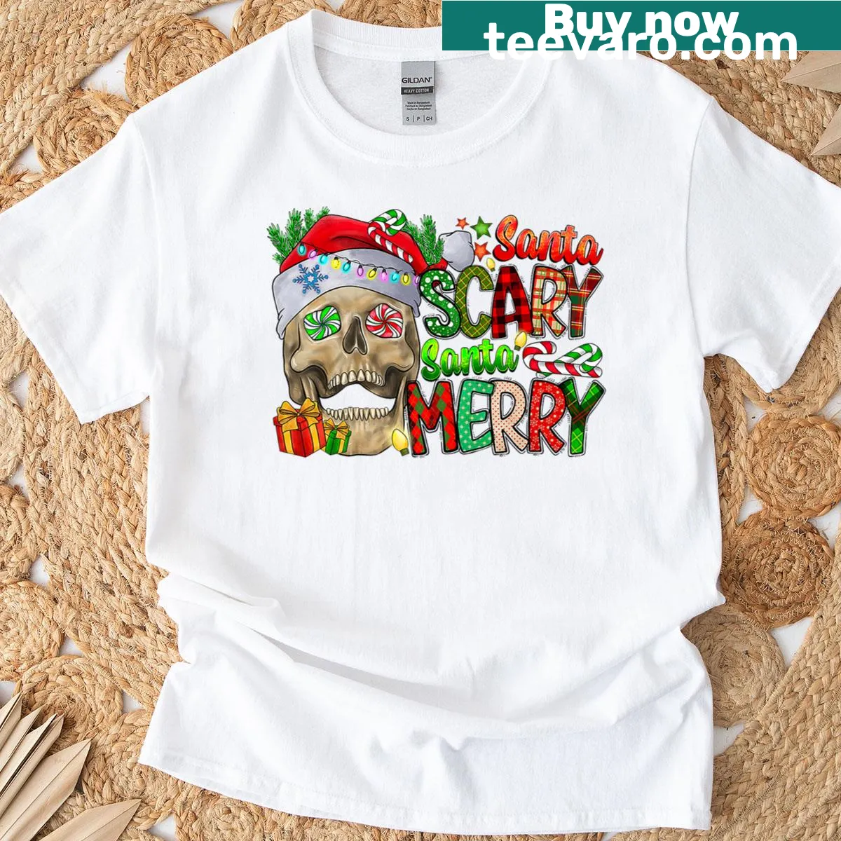 Scary Santa t-shirt with skull graphic for Christmas — on a men's t-shirt