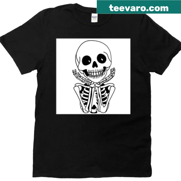 Gothic-style T-shirt featuring a smirking skeleton