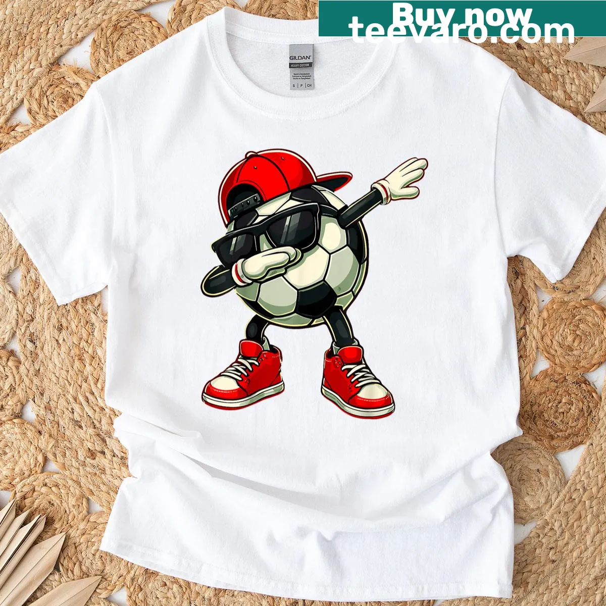 Funny soccer player t-shirt featuring a dabbing soccer ball graphic — on a men's t-shirt
