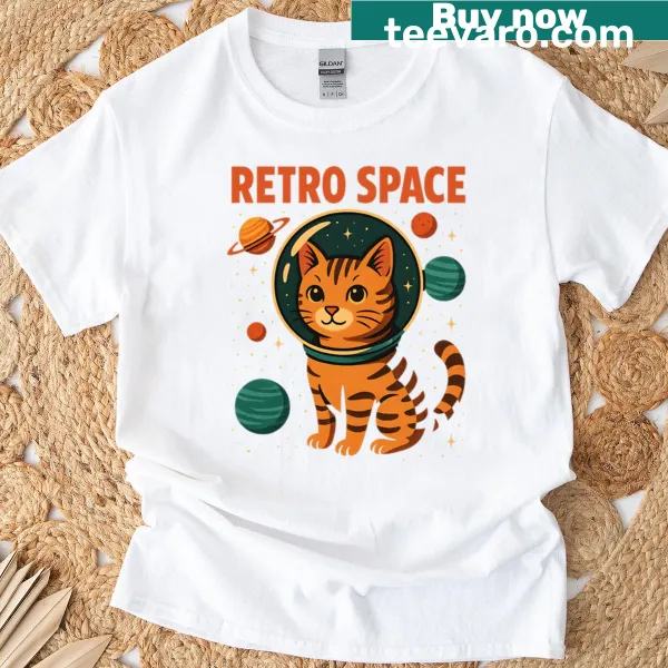 Cartoon graphic of a cat in space with stars and planets
