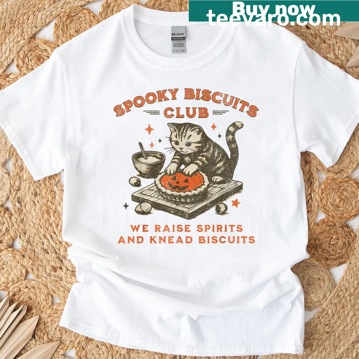 Funny cartoon cat design for the Spooky Biscuits Club on a t-shirt — on a men's t-shirt