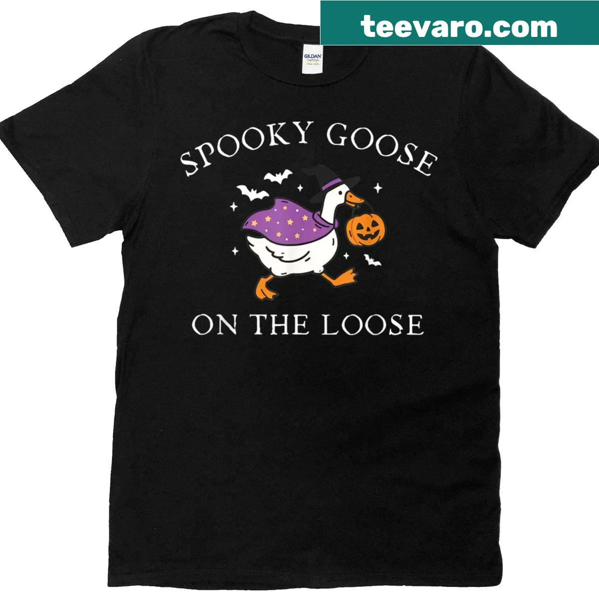 Funny Halloween T-shirt featuring a spooky goose and witch with pumpkins — on a men's t-shirt