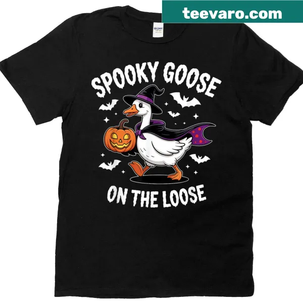 Halloween t-shirt with a whimsical goose dressed as a witch