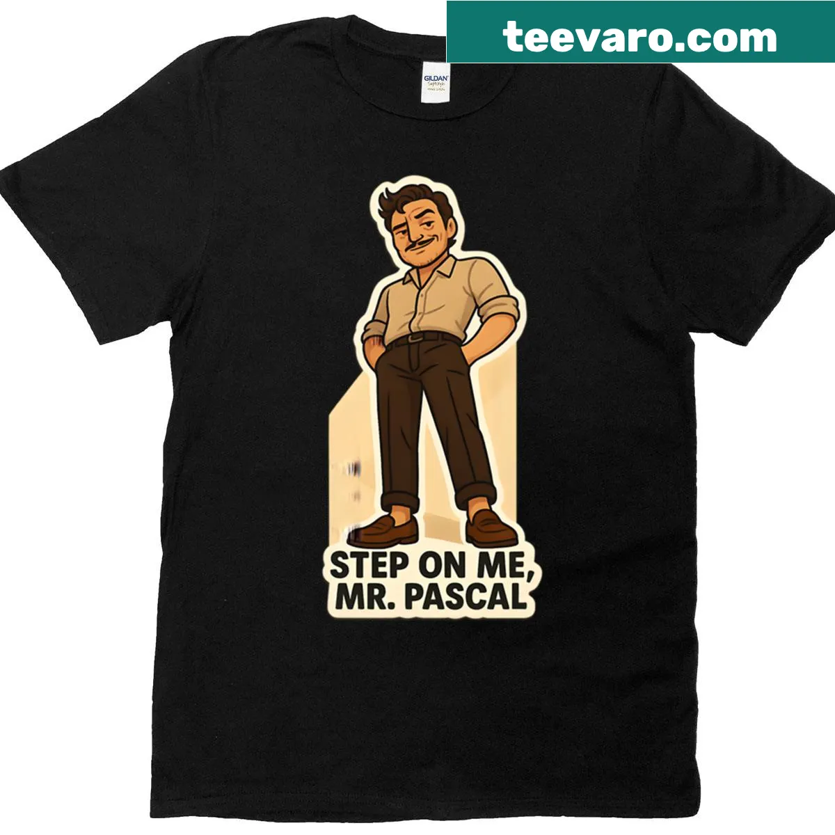 Funny Pedro Pascal T-shirt with 'Step On Me Mr Pascal' text design — on a men's t-shirt