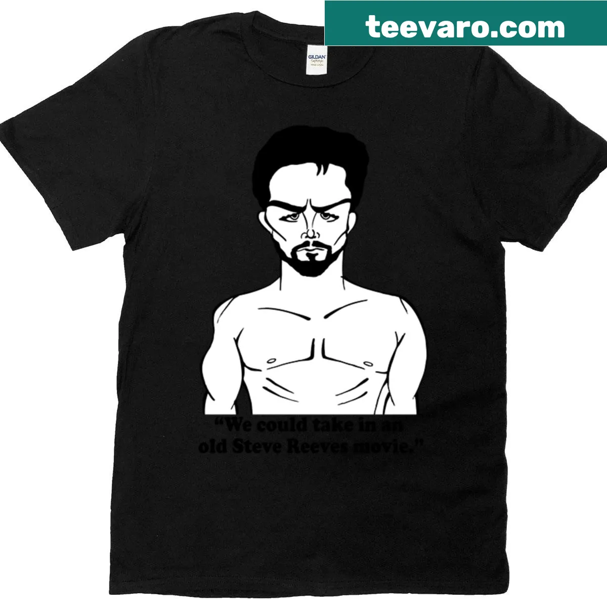 Steve Reeves fan art T-shirt featuring a classic illustration of his physique — on a men's t-shirt