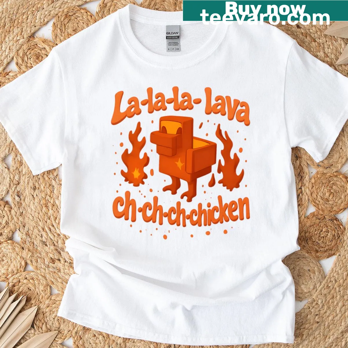 Illustration of a chicken surrounded by lava for humorous effect — on a men's t-shirt