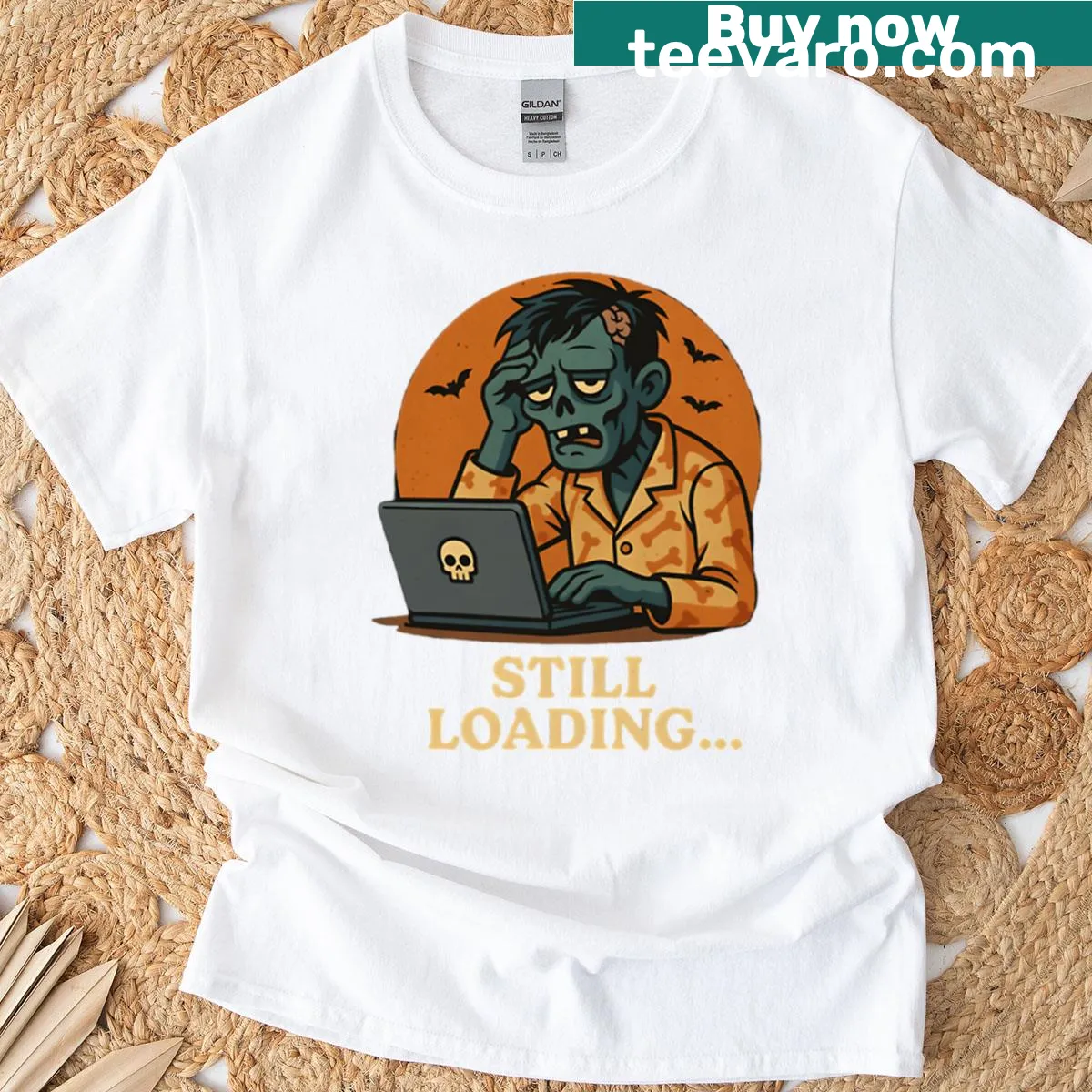 Funny zombie illustration with a loading symbol for Halloween — on a men's t-shirt