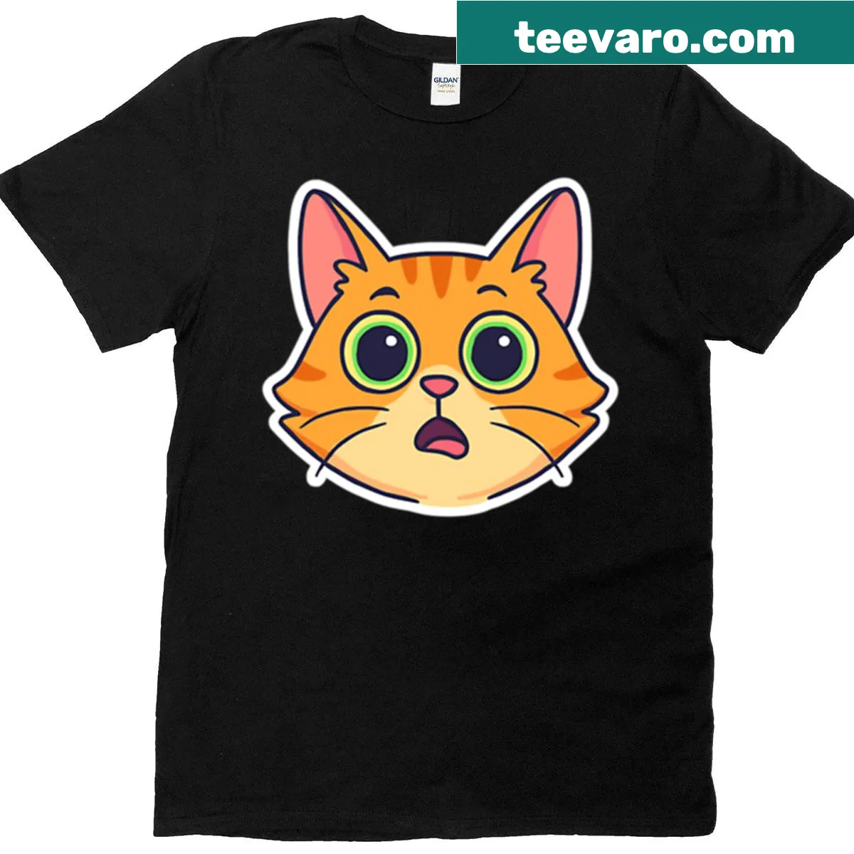 Cartoon surprised orange cat face graphic on oversized t-shirt — on a men's t-shirt