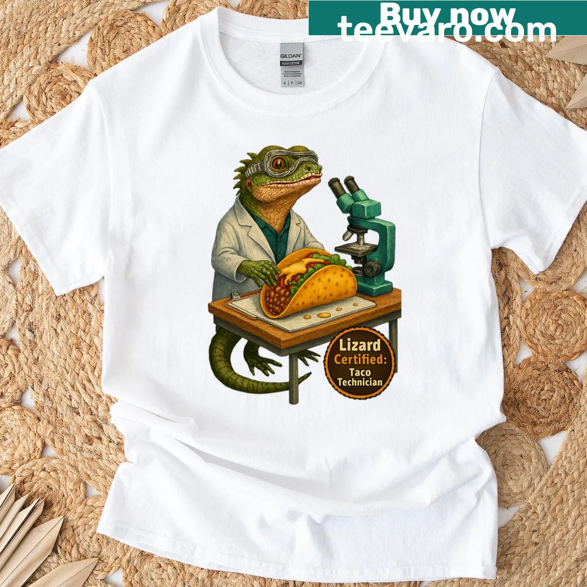 Funny taco technician lizard design T-shirt — on a men's t-shirt