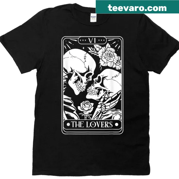 Vintage-style T-shirt featuring a goth tarot card design with skeletons.