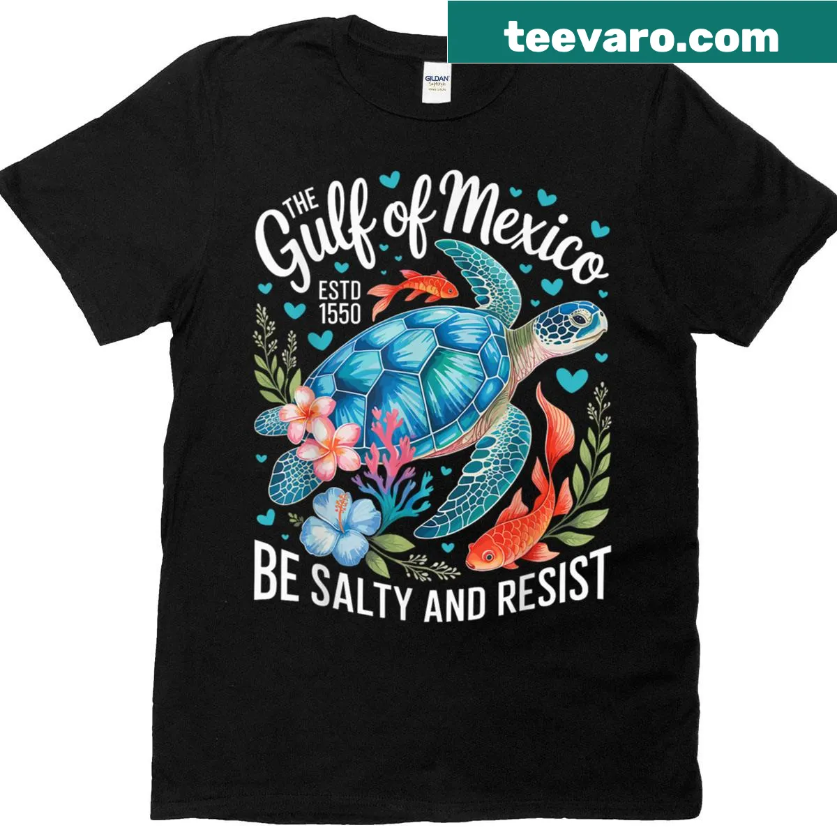 Illustrated T-shirt with 'Be Salty And Resist Sea Turtle Flowers' text — on a men's t-shirt