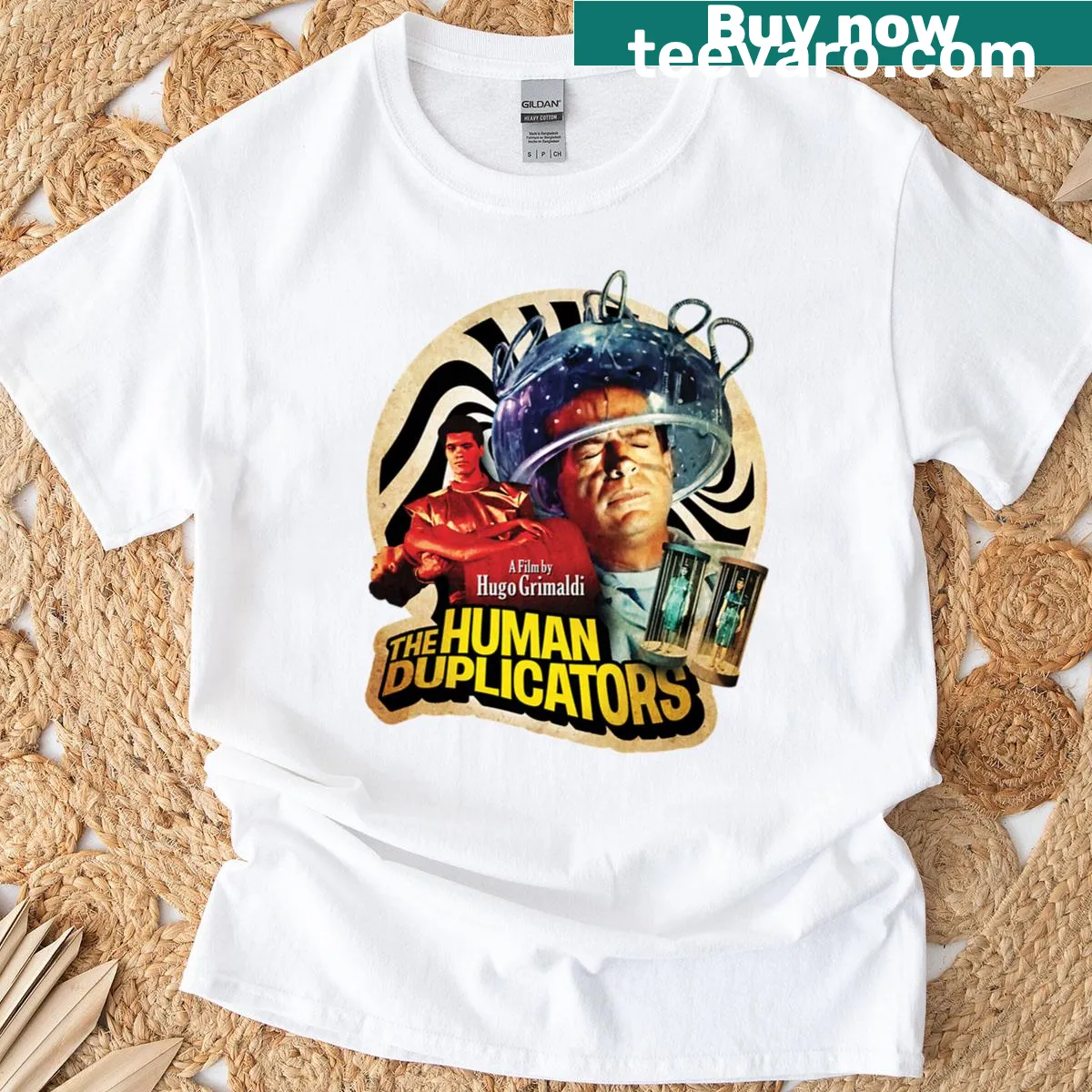 Minimalist silhouette graphic T-shirt titled 'The Human Duplicators' — on a men's t-shirt