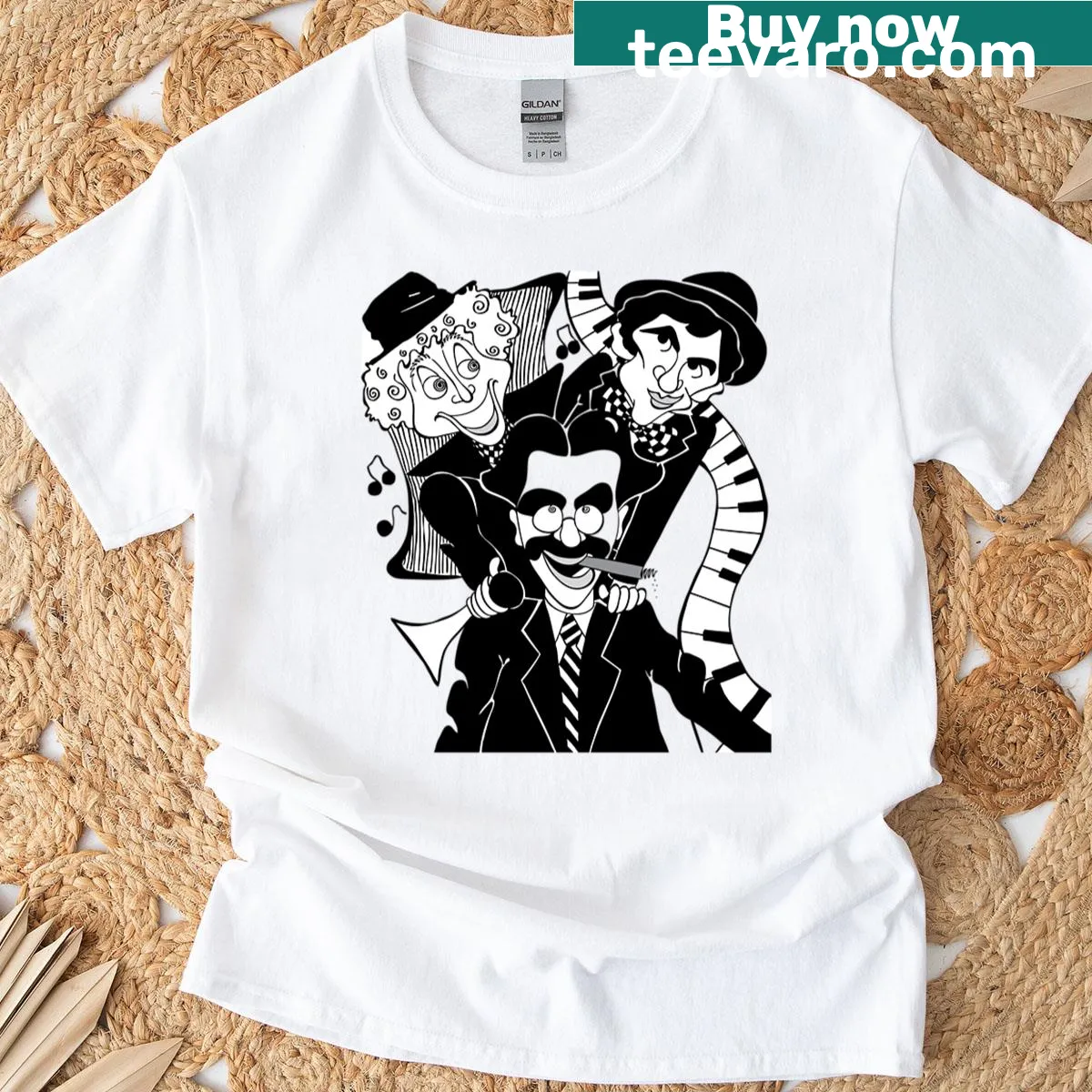 Artistic representation of the Marx Brothers on a t-shirt — on a men's t-shirt
