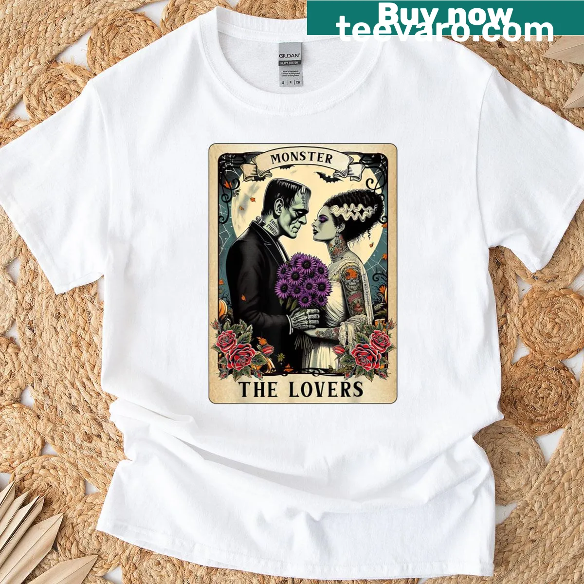 Frankenstein and bride tarot card graphic t-shirt — on a men's t-shirt