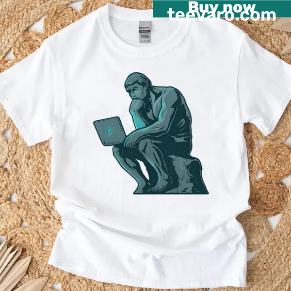 T-shirt featuring a philosophical figure with a laptop design