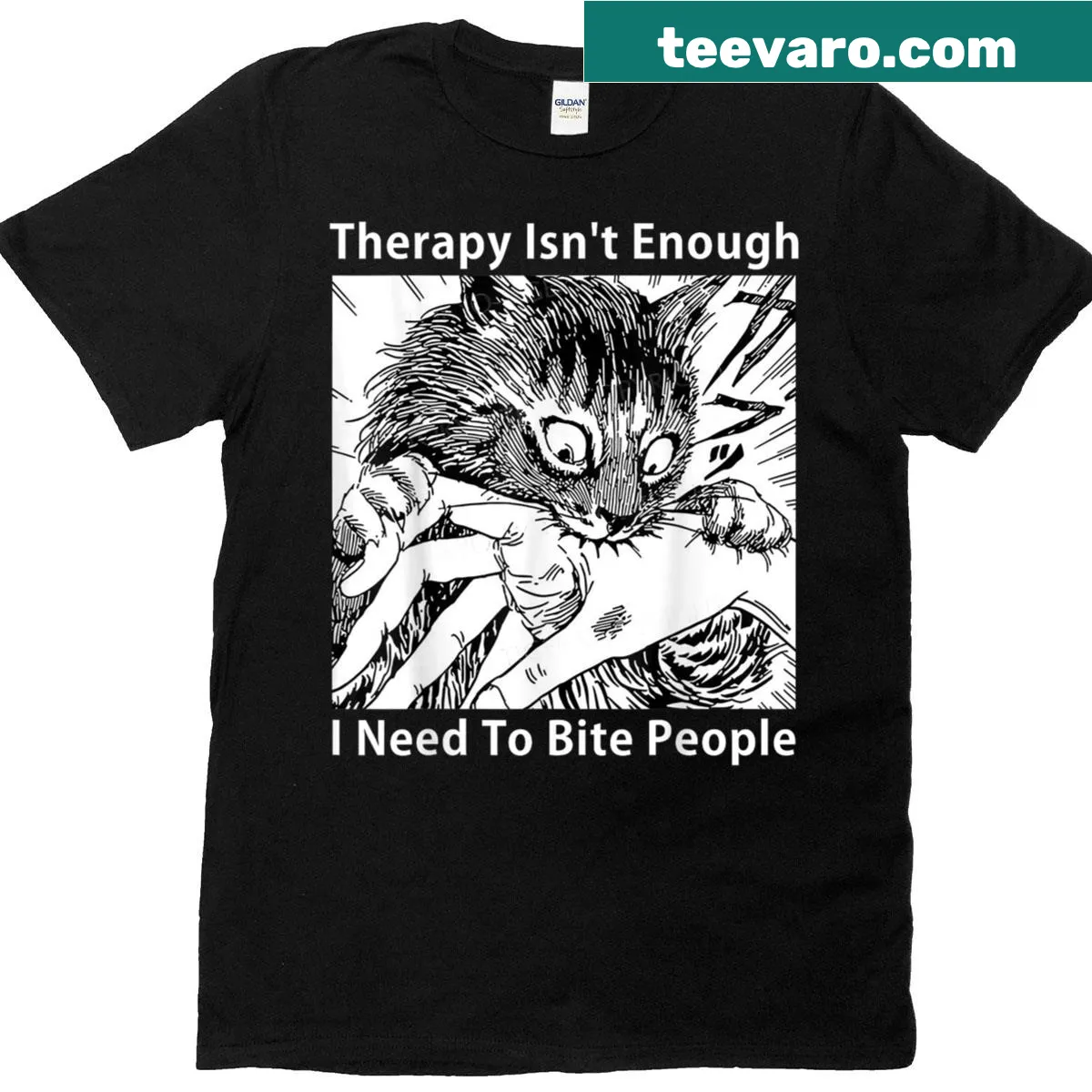 Funny T-shirt with a cat graphic and 'Therapy Isn't Enough' saying — on a men's t-shirt