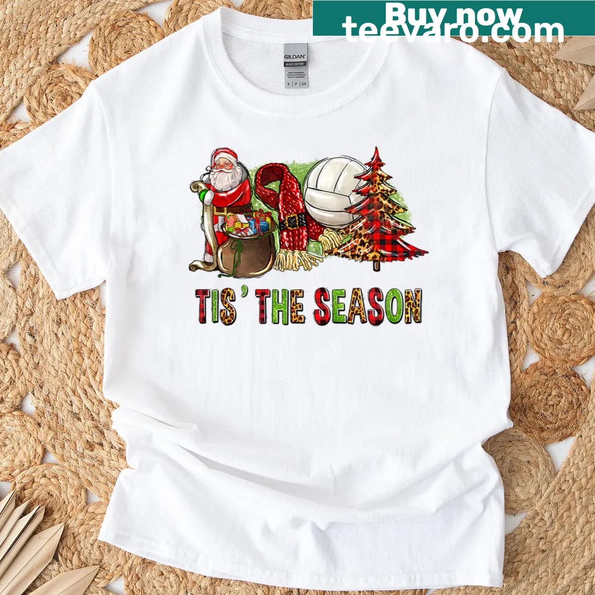 Christmas T-shirt featuring Santa playing volleyball in a festive design — on a men's t-shirt