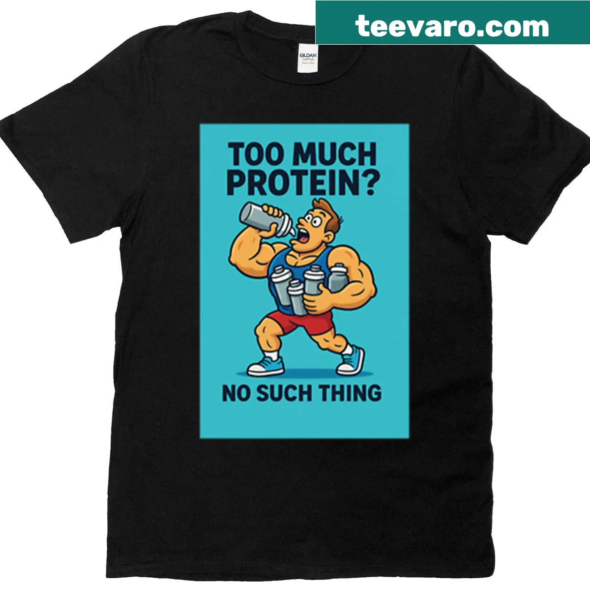 Cartoon t-shirt humorously depicting too much protein at the gym — on a men's t-shirt