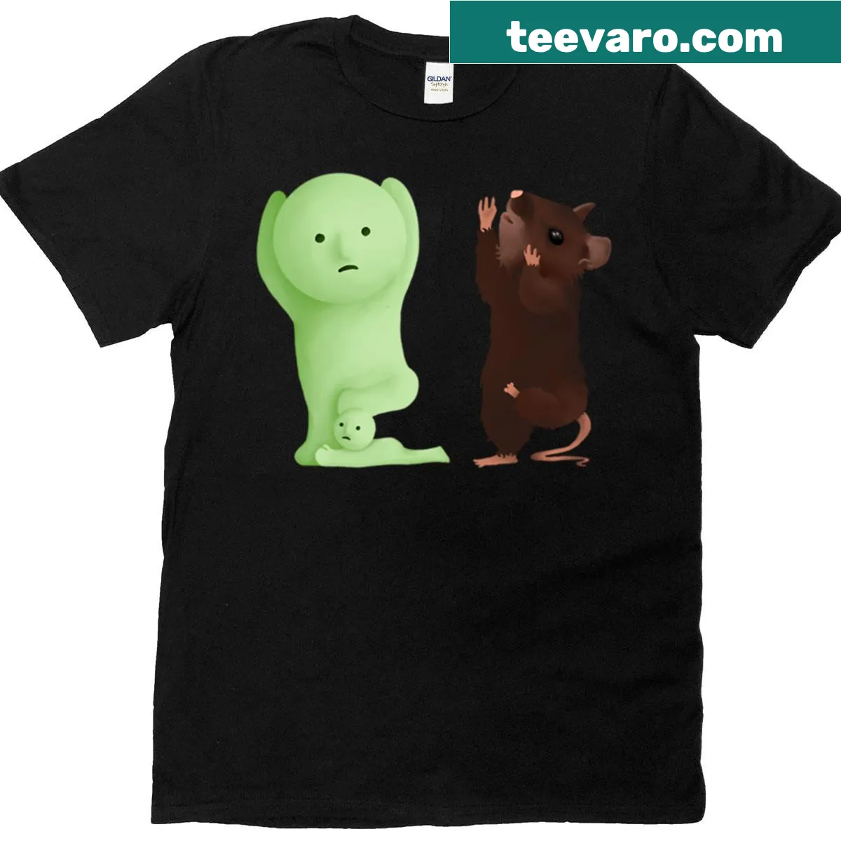 Yoga-themed t-shirt featuring Smiski in tree pose with a rat — on a men's t-shirt