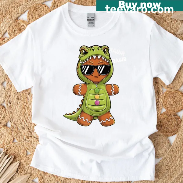 Funny dinosaur gingerbread man graphic t-shirt
