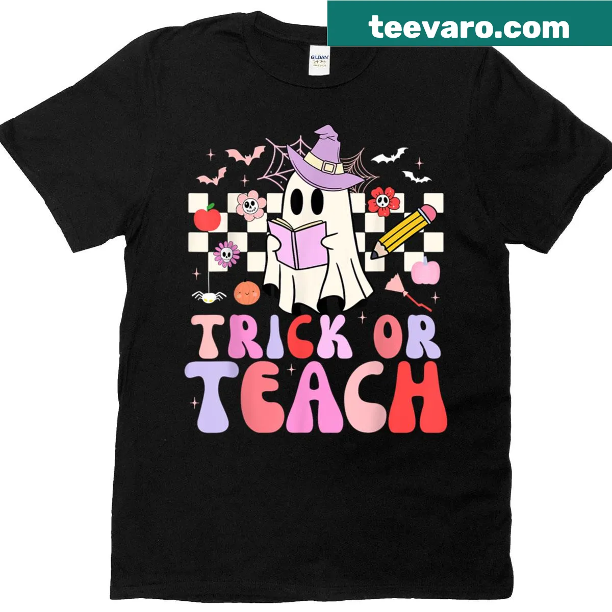 Halloween T-shirt for teachers with 'Trick Or Teach' and ghost design — on a men's t-shirt