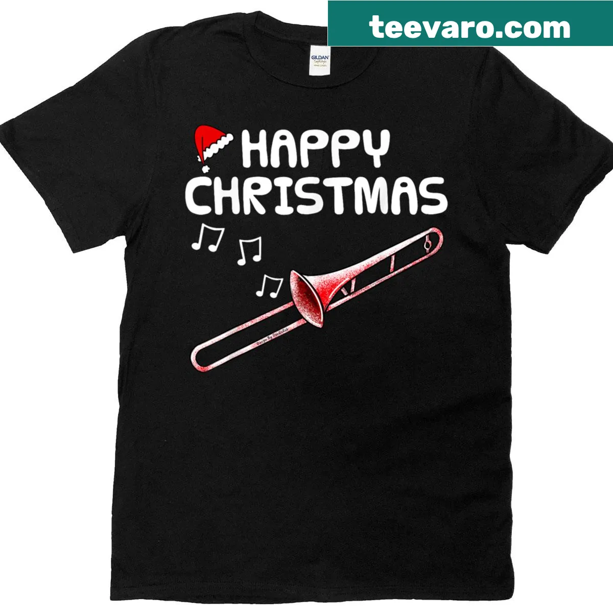 Christmas T-shirt featuring a trombone design for musicians — on a men's t-shirt