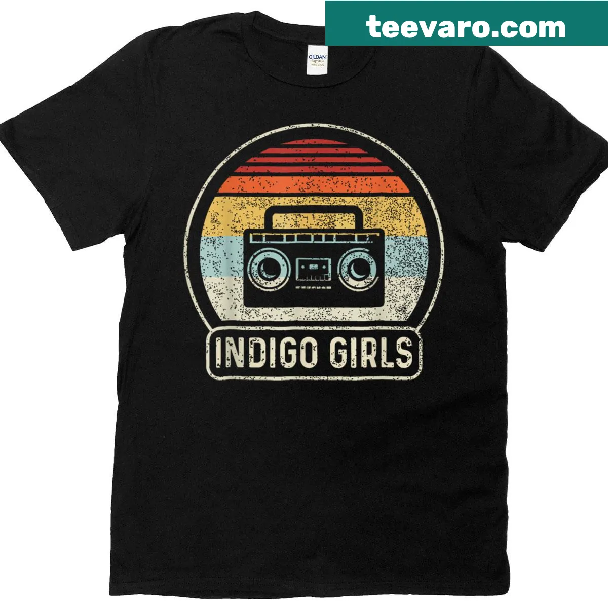 Vintage cassette tape with a sunset design on a t-shirt — on a men's t-shirt