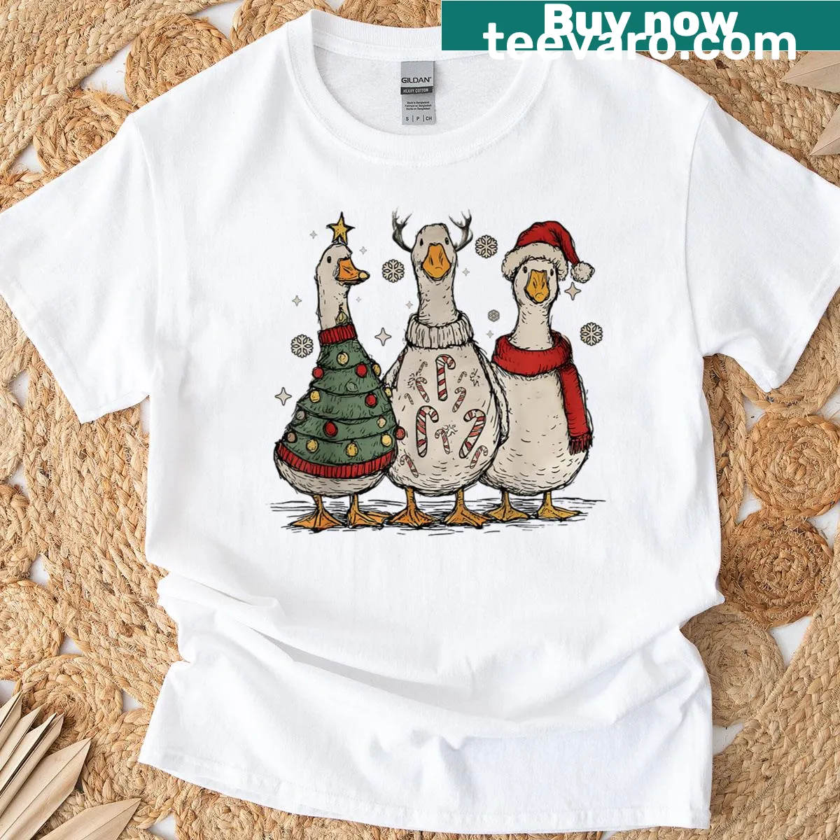 Silly goose with Santa and reindeer graphic T-shirt for Christmas — on a men's t-shirt