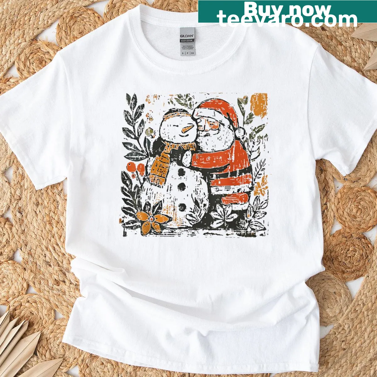 Snowman and Santa Claus graphic T-shirt for Christmas — on a men's t-shirt